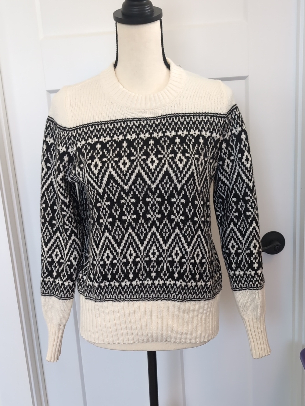 LOFT Black and Cream Geometric Crewneck Sweater